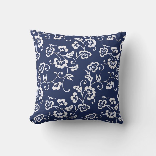 Navy and White Floral Pattern Cushion (Front)