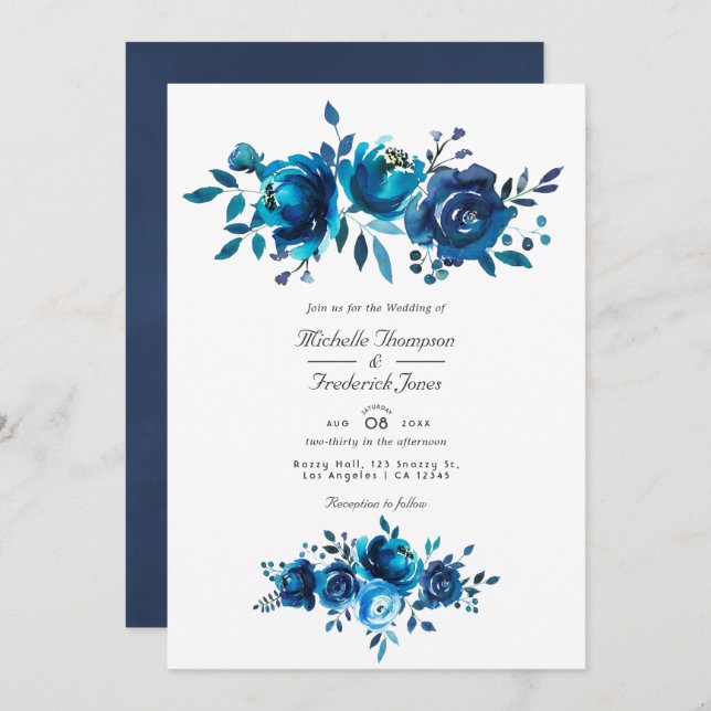 Navy and White Floral QR Code RSVP Garden Wedding  Invitation (Front/Back)