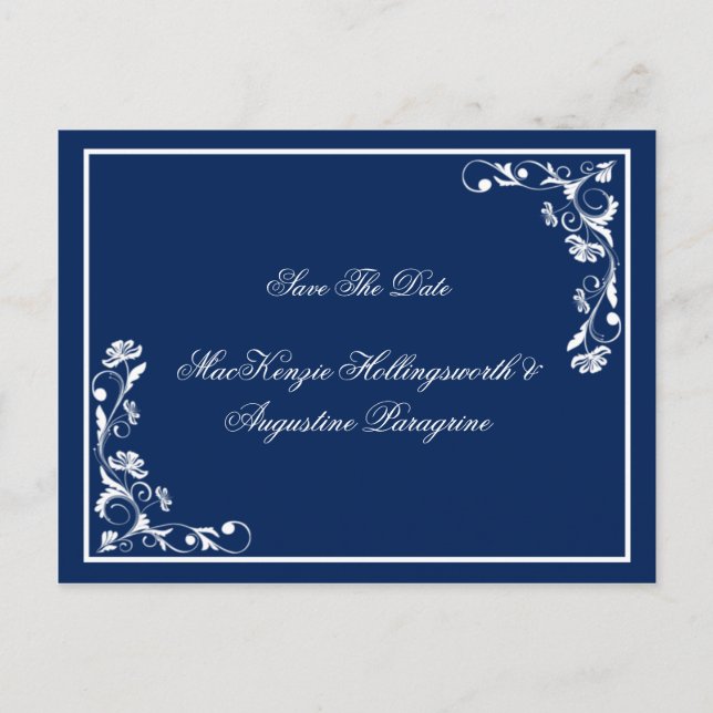 Navy and White Floral Save The Date Announcement Postcard (Front)