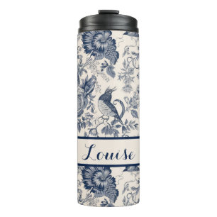 Navy and White Floral Toile Patterned Thermal Tumbler