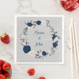 navy and white flowers botanical wreath wedding napkin
