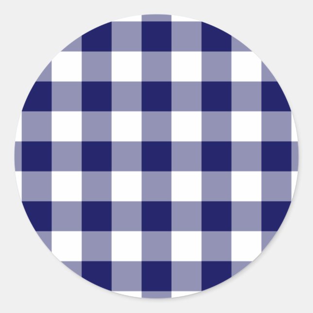 Navy and White Gingham Pattern Classic Round Sticker (Front)