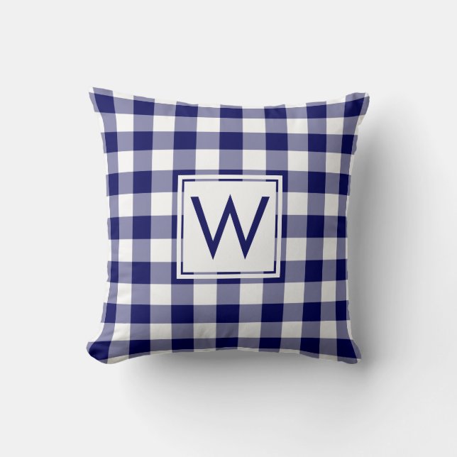 Navy and White Gingham Pattern, Custom Monogram Cushion (Front)