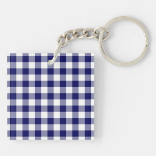 Navy and White Gingham Pattern Key Ring