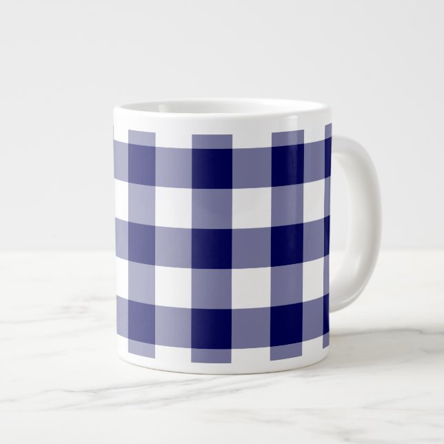 Navy and White Gingham Pattern Large Coffee Mug (Front Right)