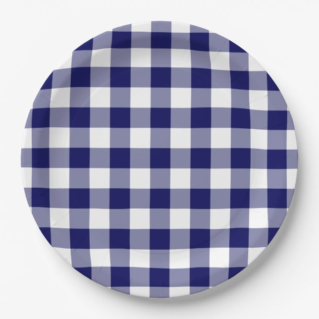 Navy and White Gingham Pattern Paper Plate (Front)