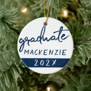 Navy and White Graduate Modern Dark Blue Brush Ceramic Ornament