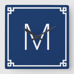Navy and White Greek Key Border Monogram Square Wall Clock