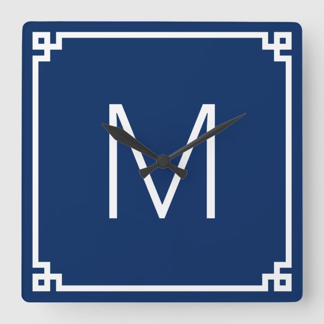 Navy and White Greek Key Border Monogram Square Wall Clock (Front)