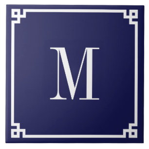 Navy and White Greek Key Border Monogrammed Ceramic Tile