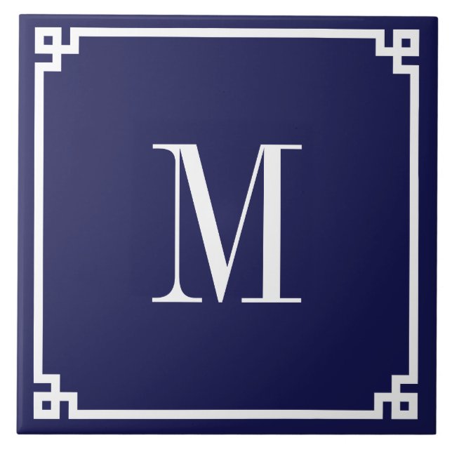 Navy and White Greek Key Border Monogrammed Ceramic Tile (Front)