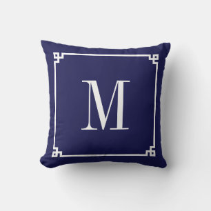 Navy and White Greek Key Border Monogrammed Cushion