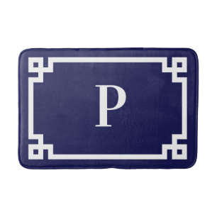 Navy and White Greek Key Frame Monogram Medium Bath Mat