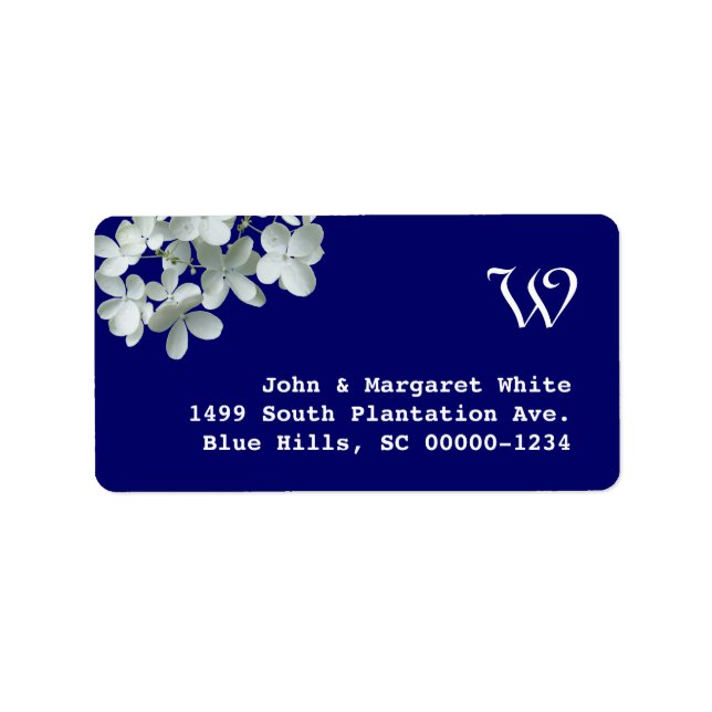 Navy and White Hydrangea Monogram Address Label (Front)