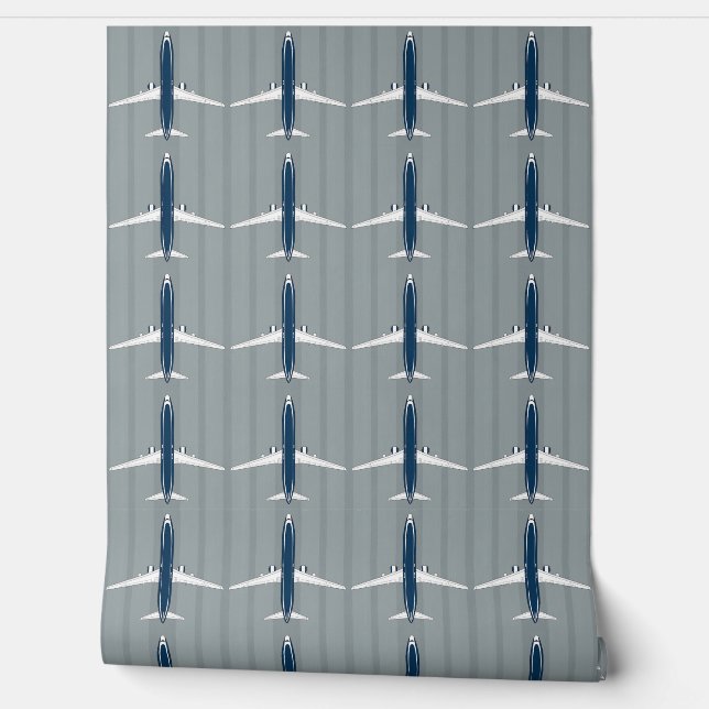 Navy and White Jet Pattern on Subtle Striped Grey  Wallpaper (Unrolling)
