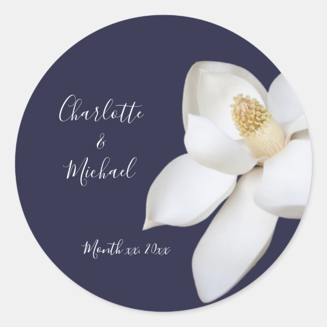 Navy and White Magnolia Elegant Wedding Classic Round Sticker (Front)