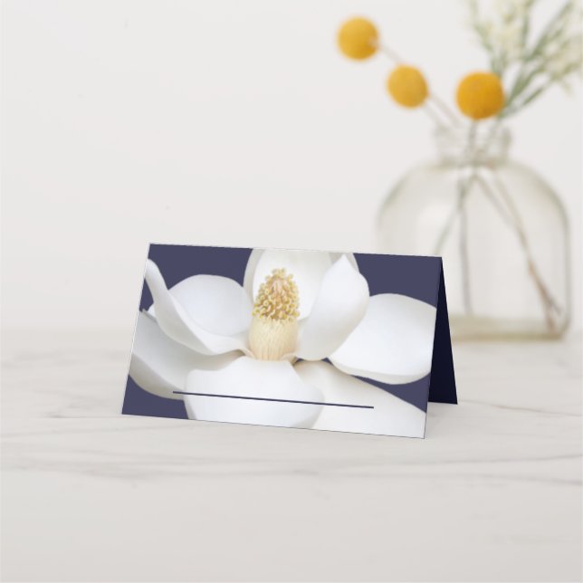 Navy and White Magnolia, Elegant Wedding Place Card (Front)