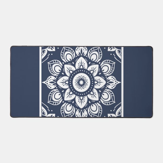 Navy and White Mandala Desk Mat (Front)
