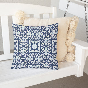 Navy and White Mediterranean Tile Pattern Outdoor Cushion