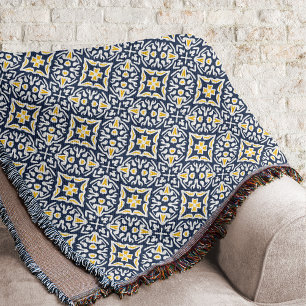 Navy and White Mediterranean Tile Pattern Throw Blanket