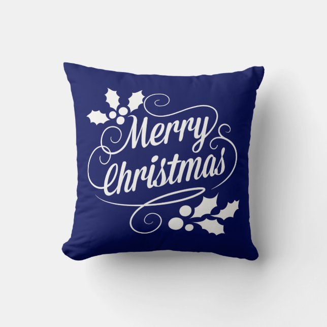 Navy and White Merry Christmas Script Typography Cushion (Front)