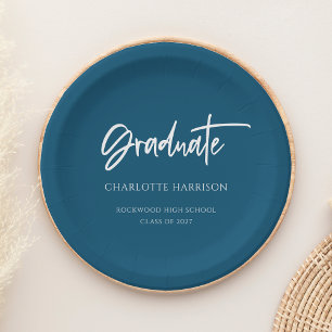 Navy and White Modern Script Graduation Party Paper Plate