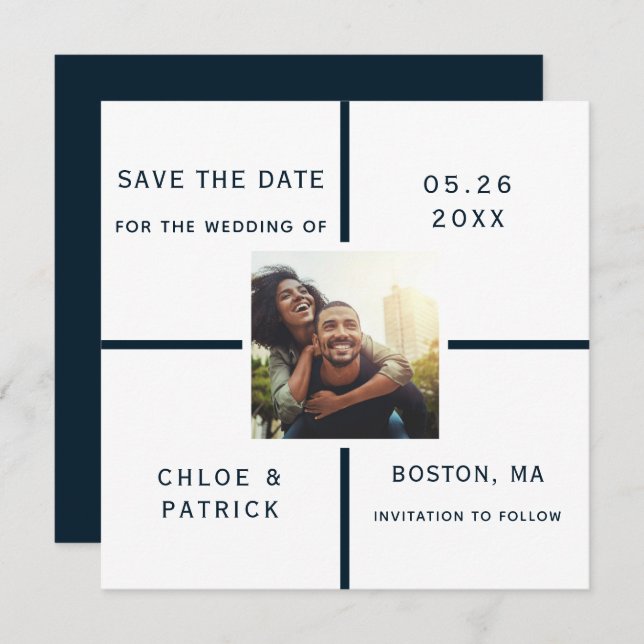 Navy and White Modern Wedding Photo Save The Date (Front/Back)