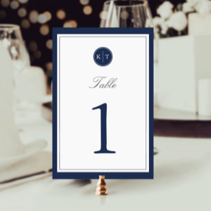 Navy and White Monogram Table Number Card