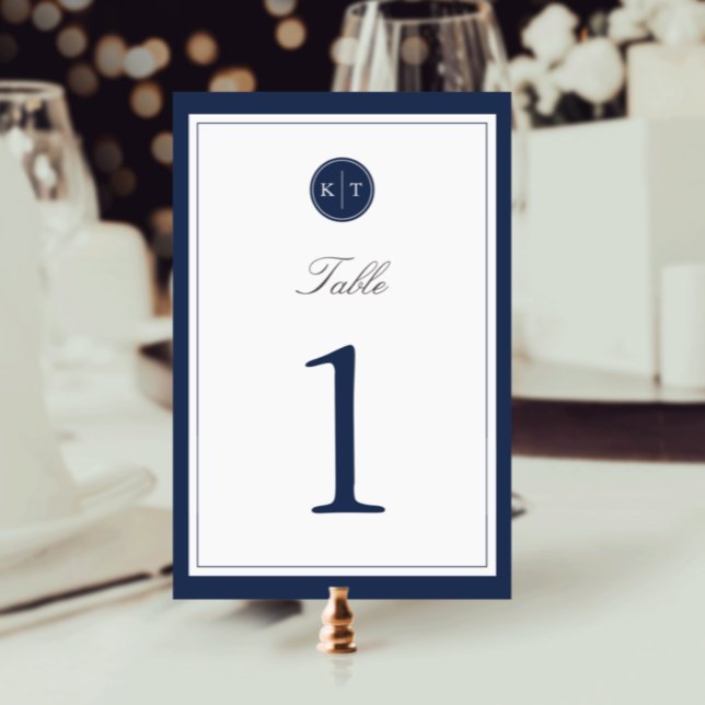 Navy and White Monogram Table Number Card (Creator Uploaded)