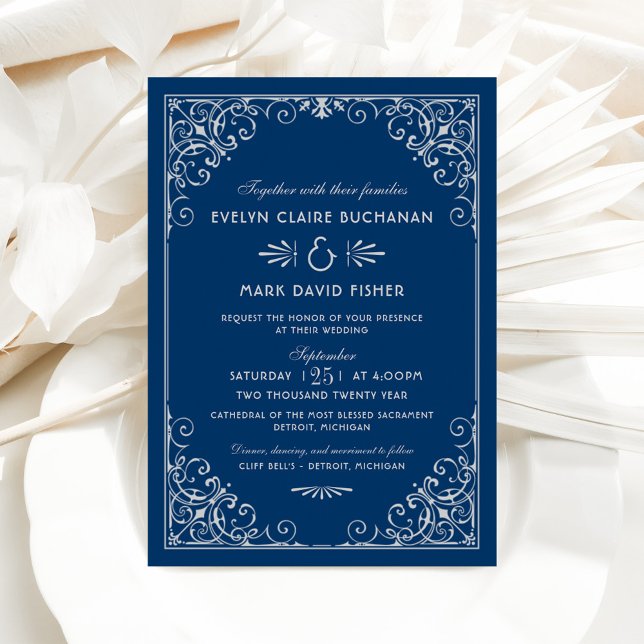 Navy and White Ornate Scroll Wedding Invitation (Creator Uploaded)