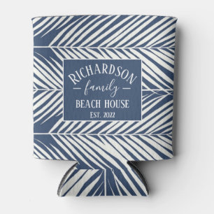 Navy and White Palm Leaves Beach House Can Cooler