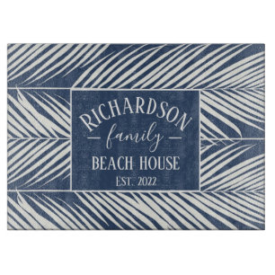 Navy and White Palm Leaves Beach House Cutting Board