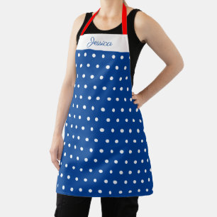 Navy and White Polka Dot Red Personalised Name Apron