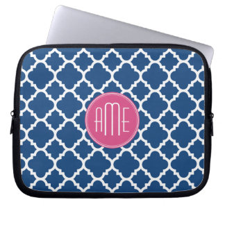 Navy and White Quatrefoil Pattern Custom Monogram Laptop Sleeve