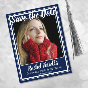Navy and White Save the Date Graduation Announcement Postcard