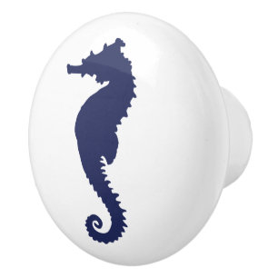 Navy and White Seahorse Coastal Nautical Ceramic K Knob