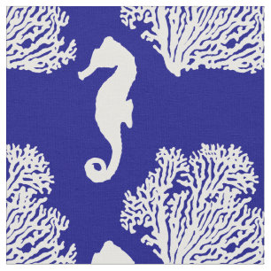 Navy And White Seahorse Coastal Pattern Fabric