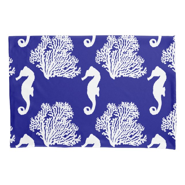 Navy And White Seahorse Coastal Pattern Pillowcase (Front)