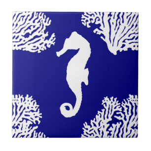 Navy And White Seahorse Coastal Pattern Tile