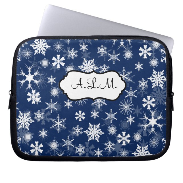 Navy and White Snowflakes Laptop Sleeve (Front)