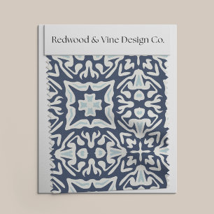 Navy and White Spanish Tile Pattern Fabric