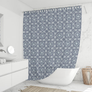 Navy and White Spanish Tile Pattern Shower Curtain