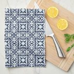 Navy and White Spanish Tile Pattern Tea Towel<br><div class="desc">Our Spanish tile pattern towels are a beautiful addition to your Mediterranean style,  blue and white,  or beach house kitchen. Inspired by the traditional azulejo tiles of Spain and Portugal,  this intricately patterned design features a geometric design in coastal navy blue,  sky blue and white.</div>