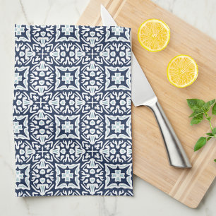 Navy and White Spanish Tile Pattern Tea Towel