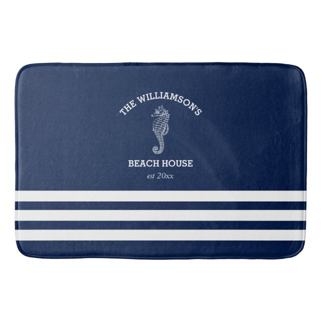 Navy and White Stripe Beach House | Seahorse Bath Mat (Front)