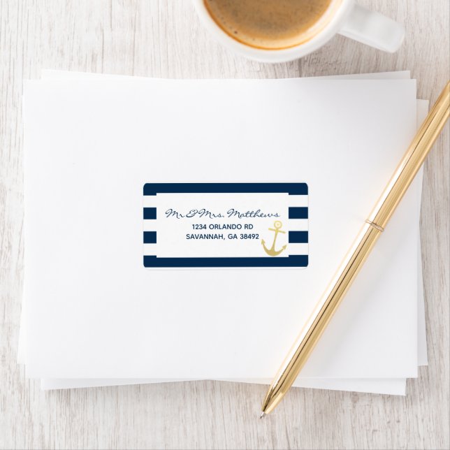 Navy and White Stripe Nautical Gold Anchor Address Label (Insitu)