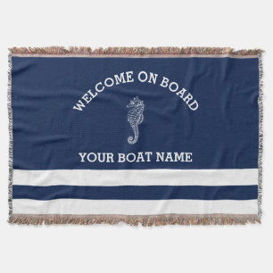 Navy and White Stripe Personalised   Boat Name Throw Blanket
