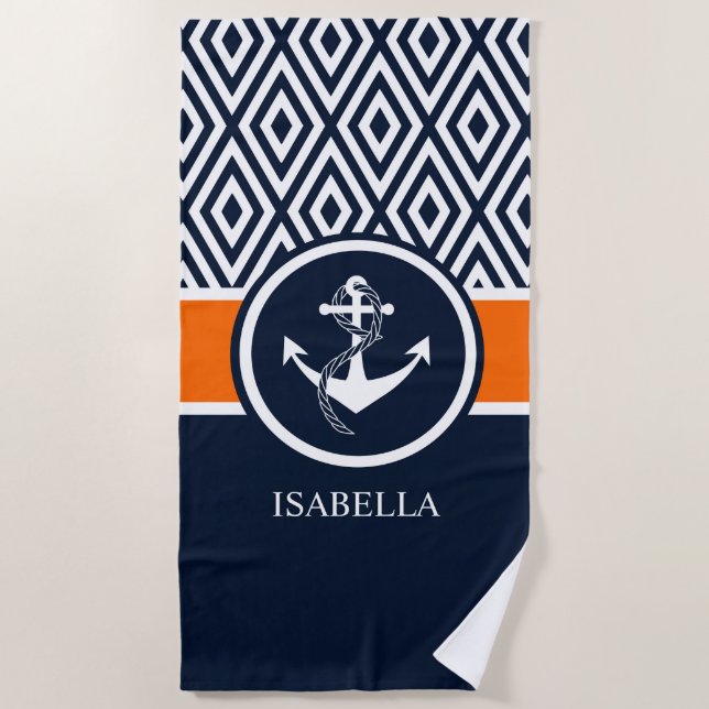 NAVY AND WHITE STRIPED MONOGRAM NAUTICAL ANCHOR BEACH TOWEL (Front)