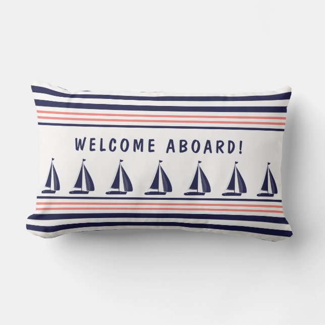Navy and White Striped Nautical Welcome Aboard Lumbar Cushion (Front)