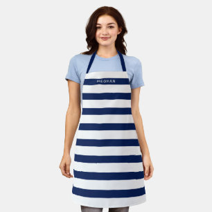 Navy and White Striped Pattern Custom Name Apron